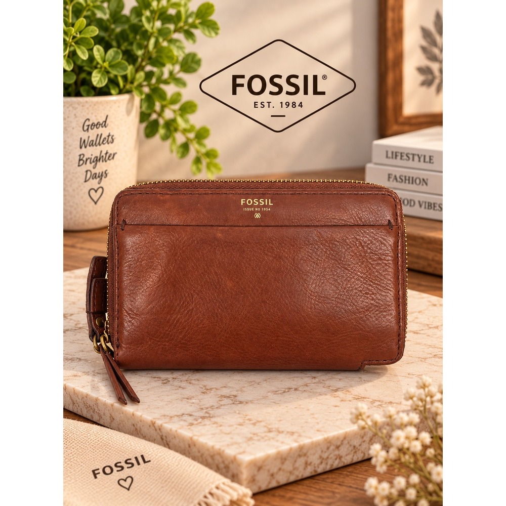 Fossil Logan Zip Around Clutch Wallet Tan Brown Pebbled Leather Gold Tone